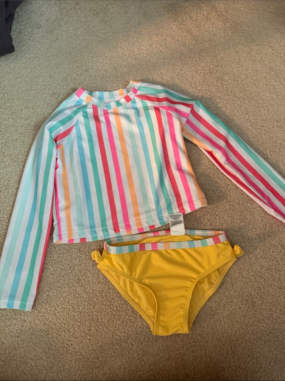 wonder nation Girls Striped Long Sleeve Rashguard with Yellow Bikini Bottoms